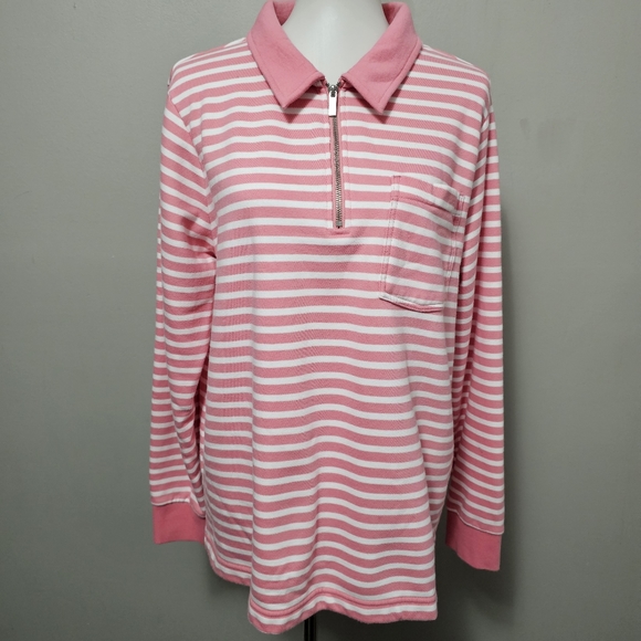 Lands End Pink & White ¼ Zip French Terry Pullover Size Large - Picture 2 of 9